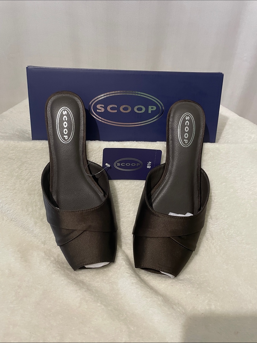 NEW Scoop Brown Satin Open-Toe Slide Mules